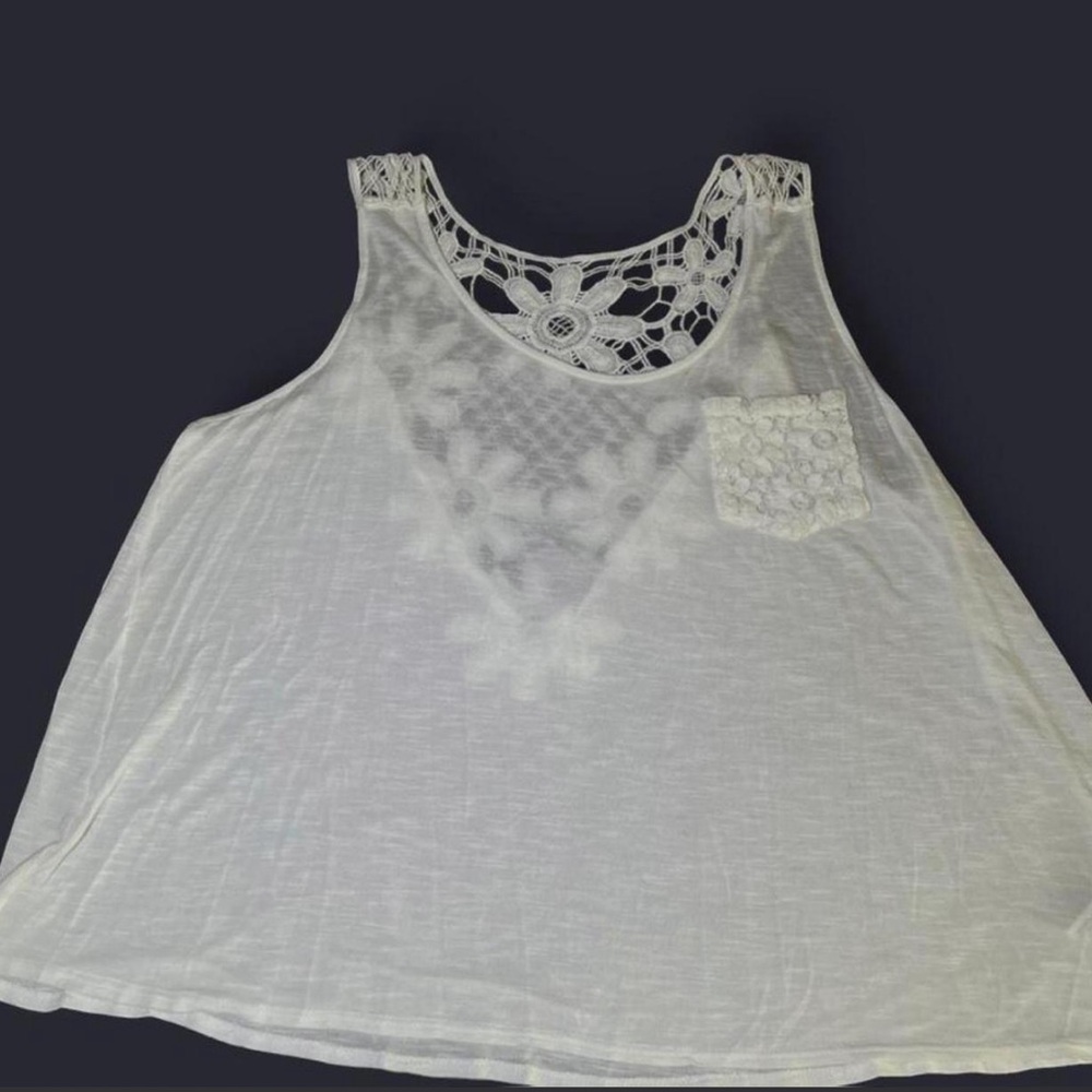Vanity Lace Back White Tank Top Front Pocket L Fairy Cottage Boho Summer